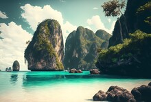 Illustration Of Beautiful Island Paradise Seascape Inspired From Phi Phi, Thailand