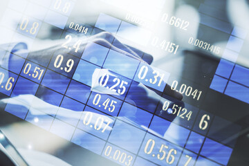 Poster - Abstract creative analytics data spreadsheet with finger clicks on a digital tablet on background, analytics and analysis concept. Multiexposure