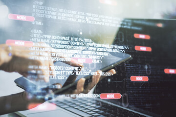 Poster - Multi exposure of abstract programming language hologram and hand working with a digital tablet on background, artificial intelligence and machine learning concept