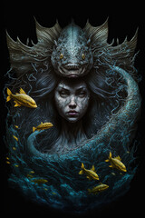 siren, mermaid, underwater, dark fantasy, horror, demons, art illustration