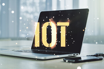 Aufkleber - Creative IOT concept on modern laptop background. Multiexposure