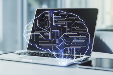 Aufkleber - Creative artificial Intelligence concept with human brain hologram on modern laptop background. Multiexposure