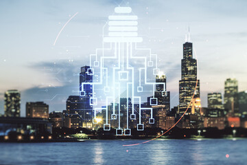 Poster - Virtual creative idea concept with light bulb and microcircuit illustration on Chicago skyline background. Neural networks and machine learning concept. Multiexposure