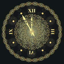 Vector Dark Background With Clock Face And Golden Vintage Patterns