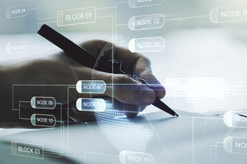 Poster - Double exposure of abstract programming language with world map and man hand writing in notebook on background, research and development concept
