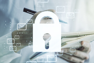 Poster - Creative light lock illustration with postal envelopes and man hand writing in diary on background, cyber security and email protection concept. Multiexposure