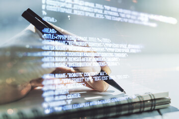 Poster - Multi exposure of abstract graphic coding sketch with man hand writing in diary on background, big data and networking concept