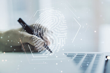 Aufkleber - Abstract creative fingerprint illustration with hand writing in diary on background with laptop, personal biometric data concept. Multiexposure