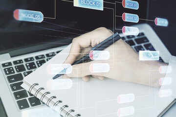 Poster - Double exposure of abstract creative programming illustration and hand writing in notepad on background with laptop, big data and blockchain concept