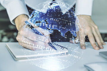 Aufkleber - Multi exposure of abstract programming language hologram with world map and hand writing in notepad on background with laptop, artificial intelligence and neural networks concept