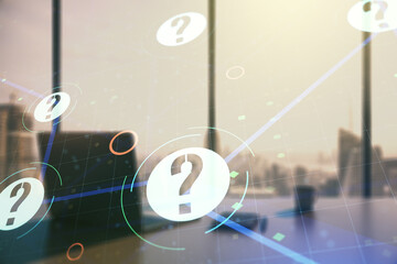 Aufkleber - Creative abstract question mark sketch and modern desk with computer on background, FAQ and research concept. Double exposure
