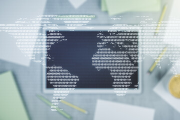 Poster - Abstract creative world map and modern digital tablet on background, top view, international trading concept. Multiexposure