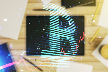 Poster - Double exposure of creative Bitcoin symbol hologram and modern digital tablet on background. Mining and blockchain concept