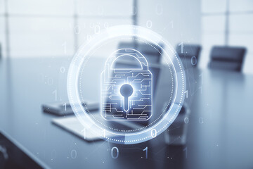 Poster - Creative lock sketch with chip hologram on modern laptop background, protection of personal data concept. Multiexposure