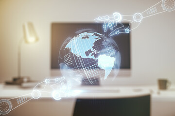 Aufkleber - Double exposure of robotics technology with world map hologram on laptop background. Research and development software concept