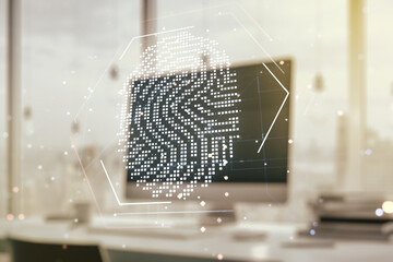 Aufkleber - Multi exposure of abstract graphic fingerprint sketch on modern computer background, fingerprint scan data concept