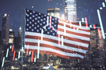 Multi exposure of virtual creative financial chart hologram on USA flag and blurry skyscrapers background, research and analytics concept