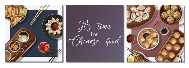 Wall Mural - Set of square cards for restaurant, cafe, shop. Vector illustration of Chinese food isolated on white. Greeting card, pattern concept.