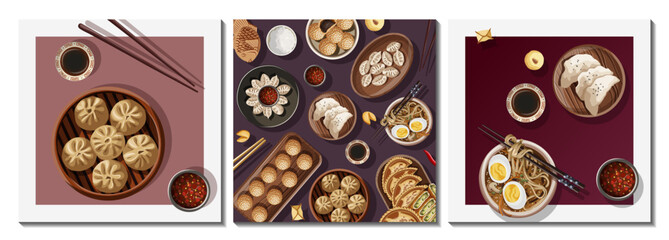 Wall Mural - Set of square cards for restaurant, cafe, shop. Vector illustration of Chinese food isolated on white. Greeting card, pattern concept.