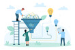 Problem solution, idea management vector illustration. Cartoon tiny people solve difficulty task, process of work with funnel to unravel hard messy tangle into multiple simple wires with light bulbs