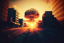 A Nuclear Explosion In A Metropolis. The Mushroom Of An Atomic Explosion. Destroyed Buildings, Destroyed Roads, Blown Up Skyscrapers. The Concept Of The Apocalypse. Generative AI Art