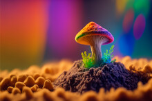 A Beautiful Close View Of Psilocybin, Magic Mushroom With Rainbow Colors On It.