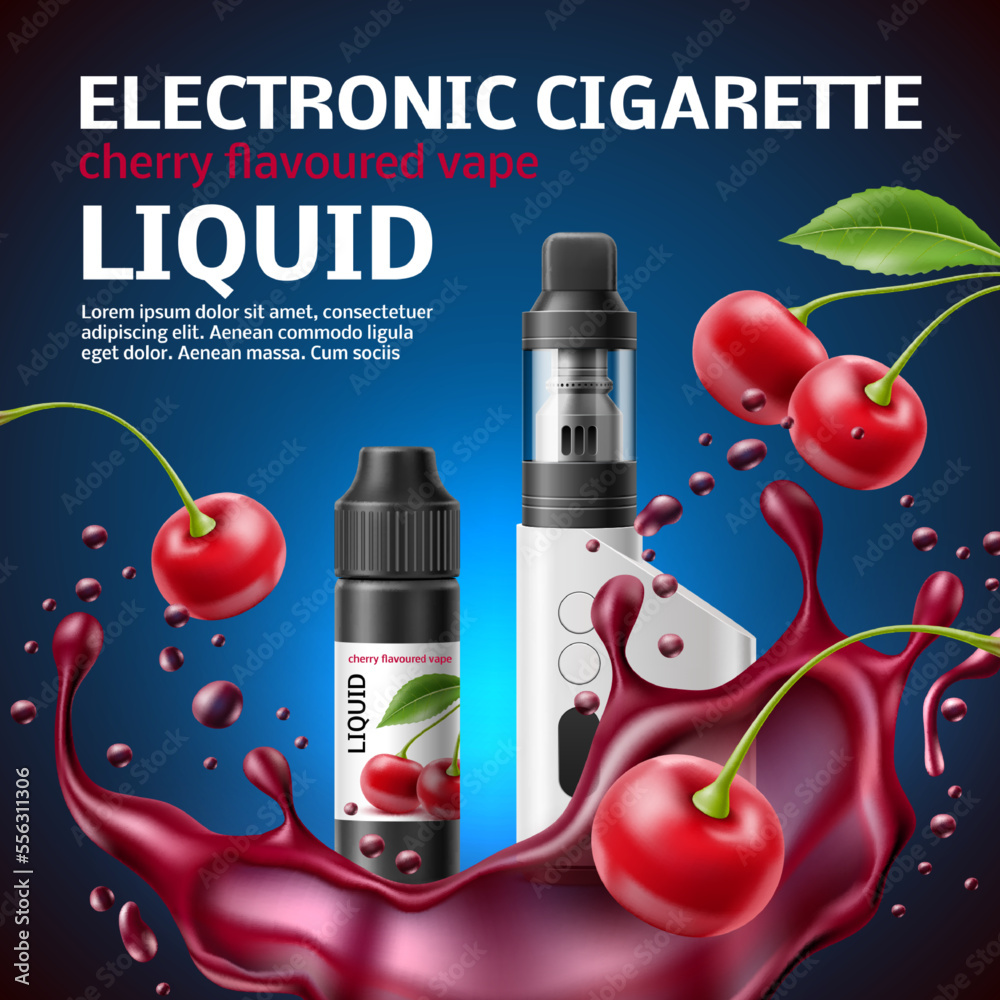 Vetor Realistic vape shop poster. 3d electronic cigarette with cherry taste  liquid, juicy berries and splash, vaporizer marketing banner, 3d isolated  elements advertising template utter vector concept do Stock