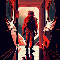 Wall Mural - An astronaut emerges from his spaceship. A high-tech astronaut from the future. The concept of space travel. Generative AI Art