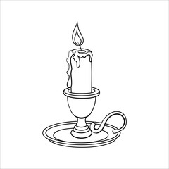 Wall Mural - Stock vector burning candle in a candlestick outline black and white illustration