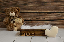 Newborn Digital Backdrop With Two Teddy Bear, Heart, Word Boy And Wooden Box. Newborn Background. Front View. 