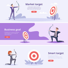 Poster - business archers banners. people holding bows and arrows and shooting exact vector concept business 