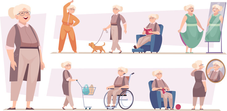 Female pensioner. Fashioned elderly woman grandma characters exact vector cartoon illustrations set