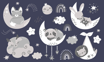 Wall Mural - Cute collection of sleeping animals. Cute hare, panda, deer, fox, lion sleeping on the moon and cloud. A newborn lion cub in a diaper. Clouds, stars, rainbow