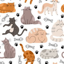Cats Flat Seamless Pattern. Doodle Cat, Fluffy Pets Cartoon Isolated. Decorative Kittens Fabric Print, Childish Racy Vector Background With Animals