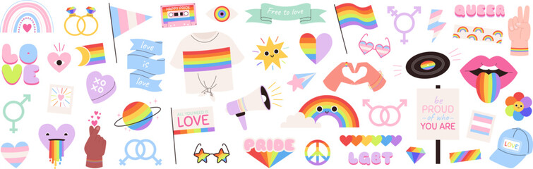 Pride gay lgbt community stickers. Trans-gay badges, hippie 80s style elements. Rainbow retro love design. Groovy racy queer vector patches set