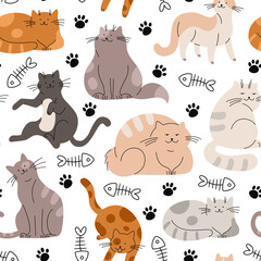 Cats flat seamless pattern. Doodle cat, fluffy pets cartoon isolated. Decorative kittens fabric print, childish racy vector background with animals