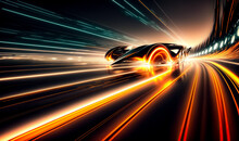 Speeding Sports Car On Neon Highway. Powerful Acceleration Of A Supercar On A Night Track With Colorful Lights And Trails. Lights Of Cars With Night, Long Exposure.	