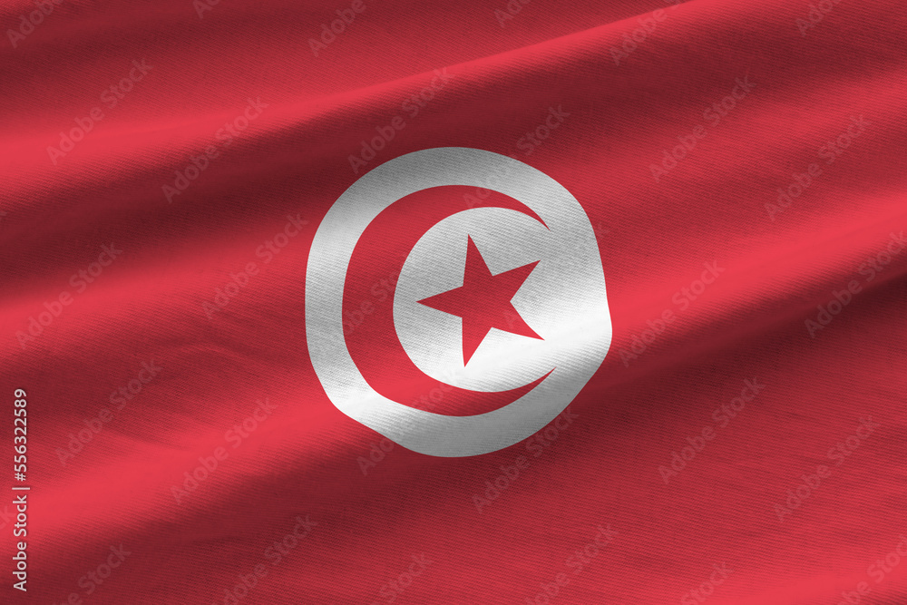 Tunisia Flag With Big Folds Waving Close Up Under The Studio Light tunisia-flag-with-big-folds-waving-close-up-under-the-studio-light