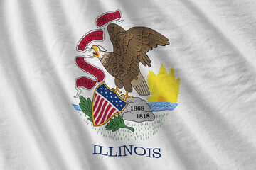 Illinois US state flag with big folds waving close up under the studio light indoors. The official symbols and colors in fabric banner