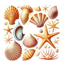 Sea Shells, Starfishes Set. Isolated On Background. Cartoon Flat Vector Illustration