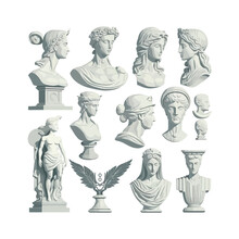 Ancient Greek Classic Statues And Sculptures Set, Drawn In Modern Trendy Style. Isolated On Background. Cartoon Flat Vector Illustration