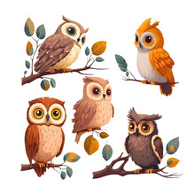Cute Owl Birds Set. Isolated On Background. Cartoon Flat Vector Illustration