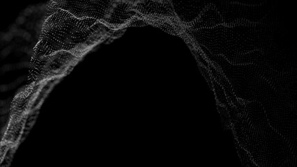 Poster - Wave of digital particles on a black background. Abstract interlacing lines and points. Digital connection of elements. Simulation of the movement of small particles. 3D rendering.