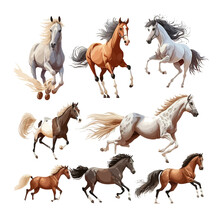 Horses Set. Isolated On Background. Cartoon Flat Vector Illustration