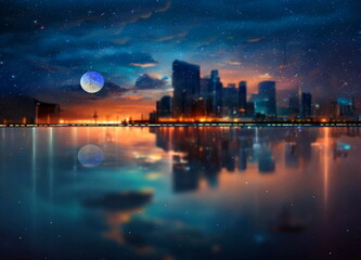 Wall Mural -  night sea  starry sky  in harbor ,blue sea water  nebula and big moon on sea on horizon city light blurred light 