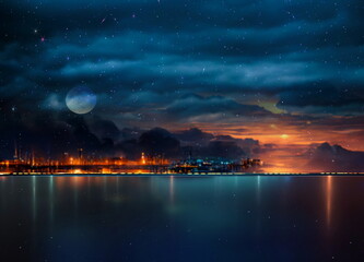 Wall Mural -  night sea orange and blue  starry sky  in harbor ,blue sea water  nebula and big moon on sea on horizon city light blurred light 