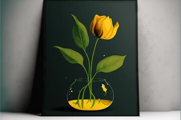 Sticker - a yellow flower in a glass vase with water inside it on a black background with a white wall behind it.