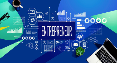 Entrepreneur theme with a laptop computer on a blue and green pattern background