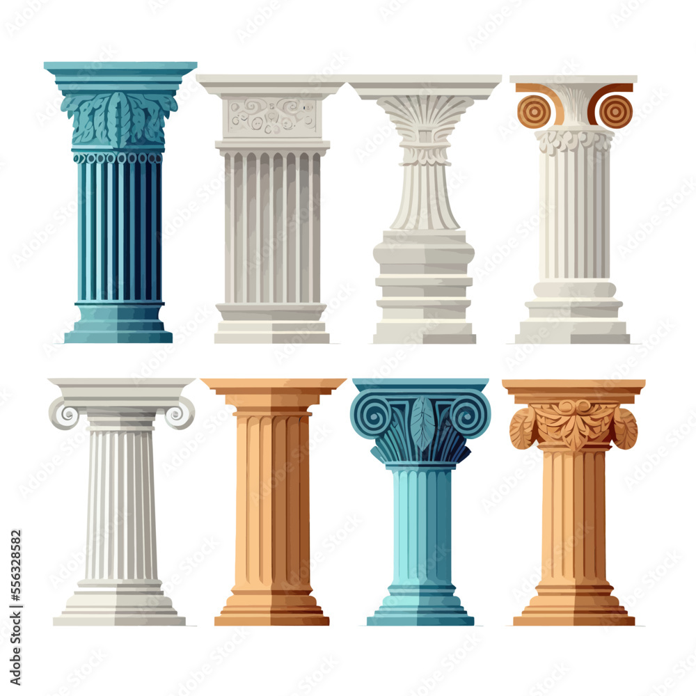 Doric, Ionic and Corinthian types of column capitals. Isolated on background. Cartoon flat vector illustration
