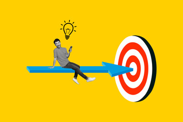 Aufkleber - Creative artwork photo collage of young funky excited guy hold smartphone genius idea goal solution arrow target isolated on yellow color background
